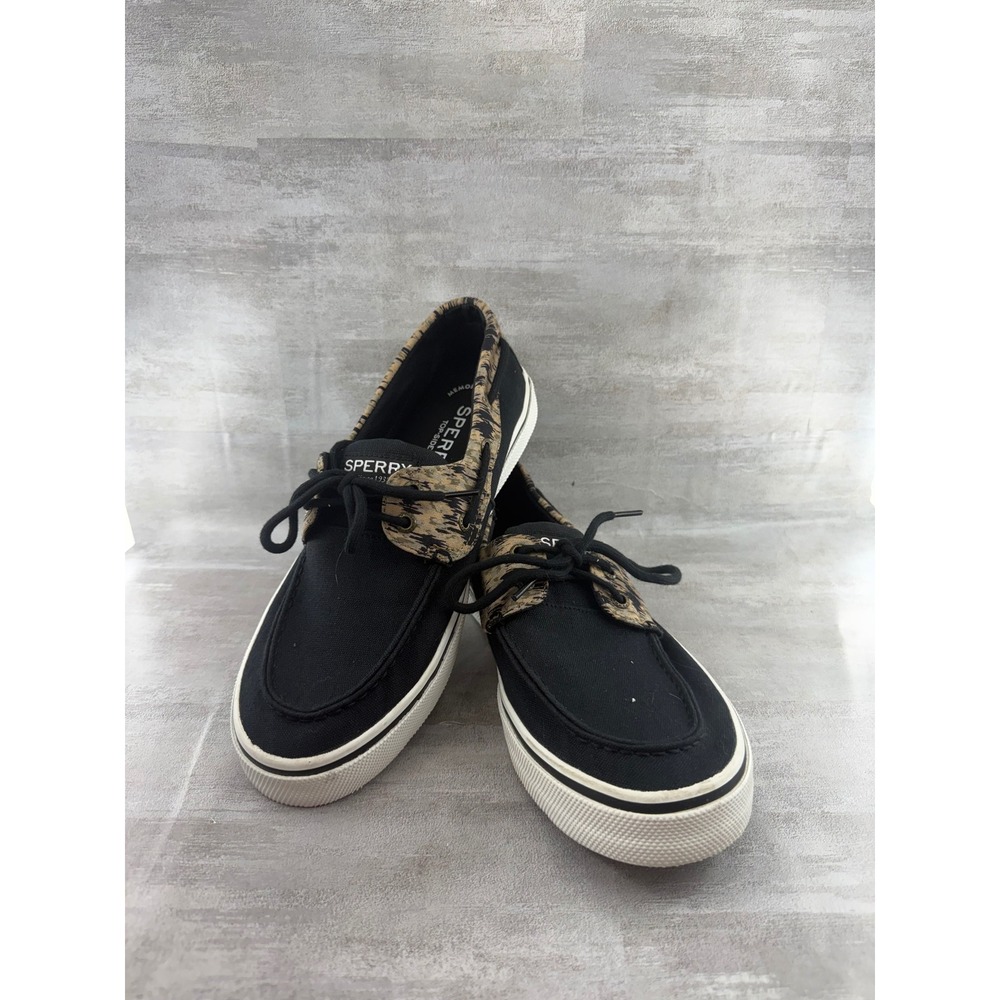 Sperry Men STS24401 Black Canvas Boat Shoes Animal Print Trim Size 9.5 W